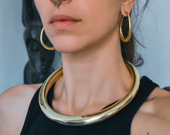 Padaung choker necklace - Gold thick neck ring - Huge brutalist style necklace - Torque statement necklace