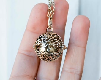 Harmony pregnancy ball pendant necklace - Angel caller with tree of life - Gold openable pendant with bell inside