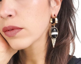 Gauge gold hoop earrings - Oval agate stone set in ear weights - Stylish gemstone ear hangers