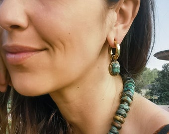 Turquoise drop ear weights - 2ga gold lobe stretched earrings with natural stone - Gemstone dangling from earrings for stretched ears