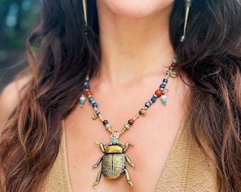 Beetle pendant in bead necklace - Natural stone mala necklace with gold scarab - Egyptian lapis lazuli jewelry