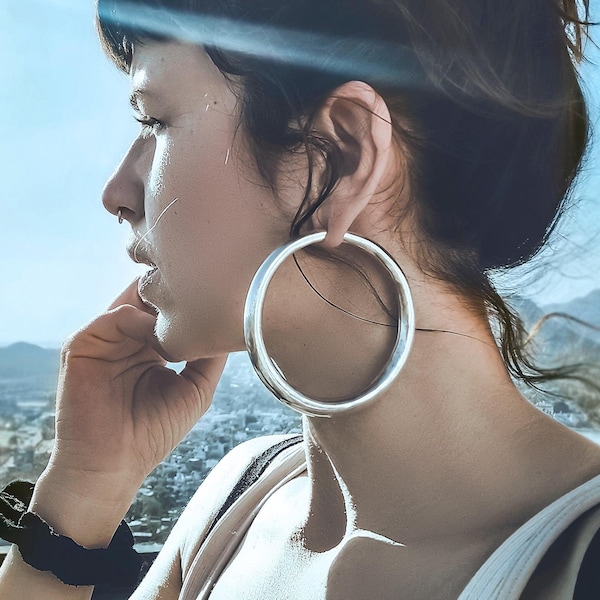 Huge ear weight hoop ring - Silver hoops for stretched ears - Thick large huggie ear weights - Brutalist silver jewelry
