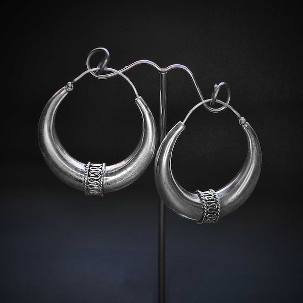 Grandi cerchi spessi di Bali - Grandi orecchini a cerchio creoli in argento - Orecchini tribali in stile africano placcati in argento