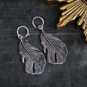 May include: A pair of silver feather earrings with a hoop design. The earrings are on a dark background.