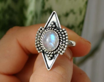 Moonstone Sterling silver ring - Handmade large geometric ring - Pointed ring with garnet set - Punk vintage triangle ring