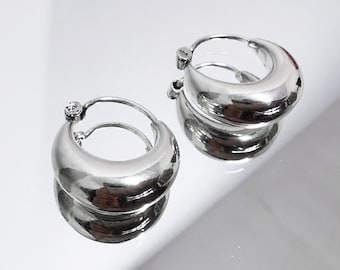 Silver chunky hoop earrings - Sterling silver chunky hoop earrings - Huggie hoop earrings