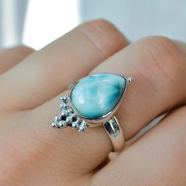 Sterling Silver Ring: Natural Larimar Tear Drop Stone