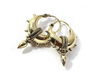 Bali Brass earrings, Spike Hoop Earrings, Chunky hoops, Steampunk earrings, Gilded hoops, Thick hoops skewer, Golden earrings