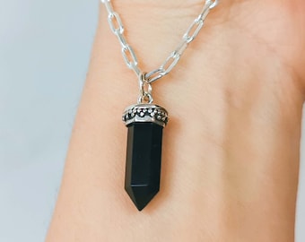 Black crystal point pendant necklace - Onyx stone set in pure silver by hand with clip chain