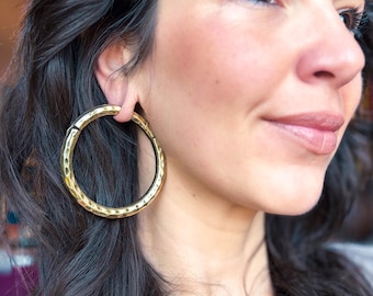Hammered Brass Ear Weights: 6mm Hinged Hoop Earrings