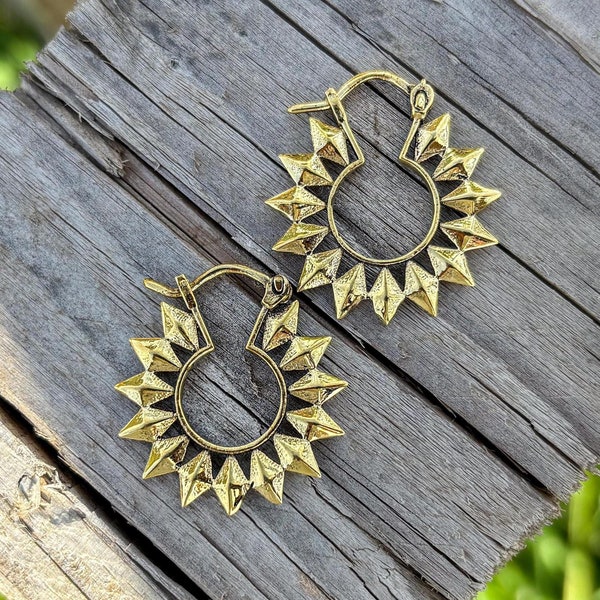 Punk gold spike hoop earrings - Creole earrings with a geometric shape of Sunburst - Tribal Sun God Jewelry