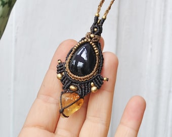 Macrame necklace with stones - Citrine and Onyx set in handmade macrame pendant - Handcrafted gifts