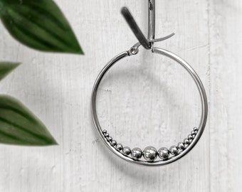 Silver hoop earrings with balls - Minimalist stainless steel hoops - Everyday jewelry - Simple modern earrings