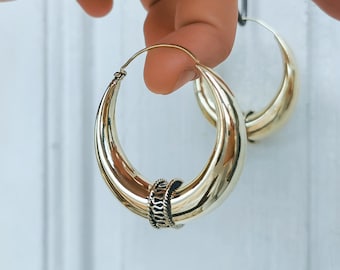 Thick bali hoop earrings - Large gold creole hoop earrings - Golden brass African style earrings - Hippie earrings for women