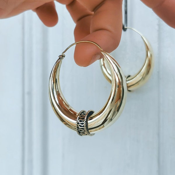 Thick Brass Bali Hoop Earrings - Golden African Style Creole Hoops