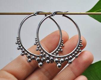 Huge Silver hoop earrings - Steel Cluster Earring - Oversize silver earrings - Brutalist ear rings