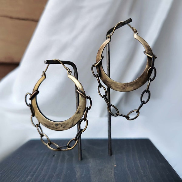 CHAIN EARRINGS - Antique gold hoop earrings - Chain hoop earrings dangle - Vintage style antique jewelry
