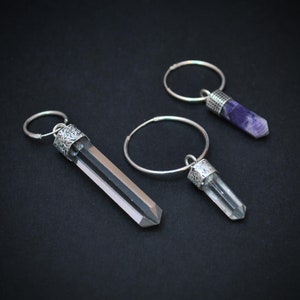 CRYSTAL earrings, Quartz earrings, Sterling silver hoops, Crystal pencil, Amethyst earrings, Hippie earrings, Healing jewelry, Witch earring