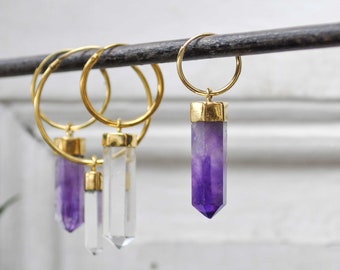 Hoop earrings with mineral crystal drop - Gold Hoops with Dangling Gemstone Charm - Amethyst earrings