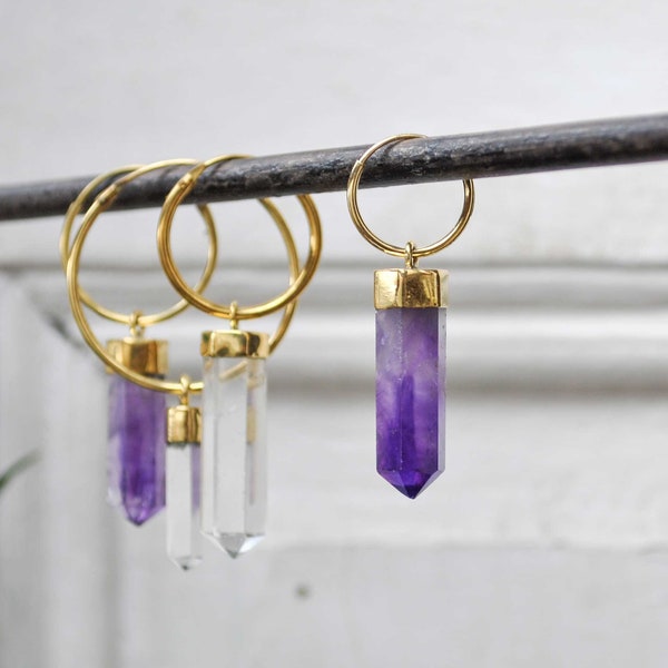 Hoop earrings with mineral crystal drop - Gold Hoops with Dangling Gemstone Charm - Amethyst earrings