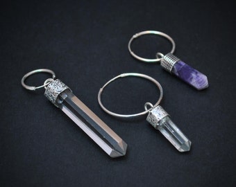 CRYSTAL earrings, Quartz earrings, Sterling silver hoops, Crystal pencil, Amethyst earrings, Hippie earrings, Healing jewelry, Witch earring