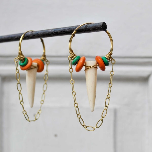 Beaded large hoop earrings - Earrings with bone horn and dangling chain - Tribal ethnic jewelry