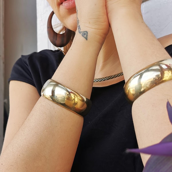 Wide cuff bracelet for women - Bright gold plated brass bracelets - Chunky gold bangles - Adjustable thick band bracelet