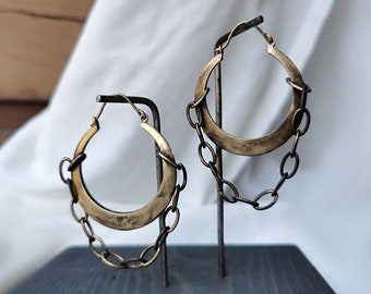 CHAIN EARRINGS - Antique gold hoop earrings - Chain hoop earrings dangle - Vintage style antique jewelry