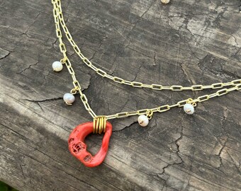 CORAL necklace double layer chain - Natural Italian red CORAL with pearls beads - Gold plated clip chain with gemstone