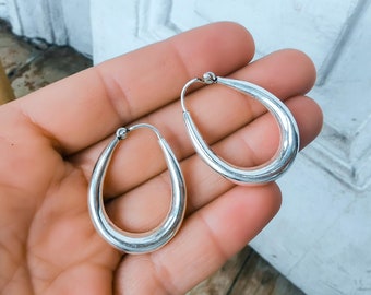 Thick drop hoops earrings - Chunky silver plated tube earrings bali style - Teardrop silver earrings