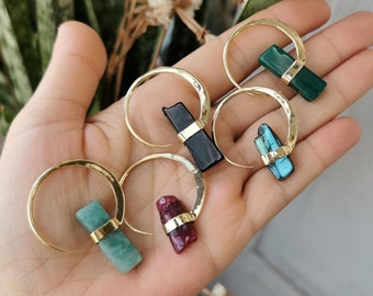 Gemstone hoop earrings - Gold brass hoops with large stones - Dangle blue stone earrings - Black gemstone hoop earrings