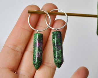 CRYSTAL hoop earrings - Zoisite ruby tips dangling from sterling silver hoops - Long amethyst stones on huggie earrings