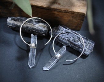 SILVER QUARTZ EARRING, Rough quartz, Silver hoop earrings, Original crystal quartz, Silver earrings, Mystic jewellery, Amulet earrings