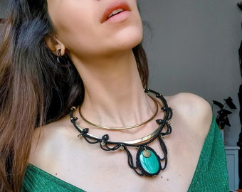 Malachite necklace - Black macrame choker necklace with brass charms - Green Malachite natural gemstone