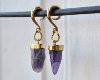 Amethyst ear weights - Ear pendulums with purple stone - Gemstone point pendant gauges