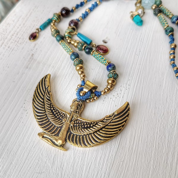 Isis Necklace - Egyptian goddess dangling in a Mala gemstone collar - Lapislazuli Gold wings pendant necklace