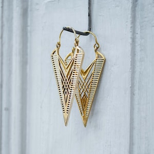 Triangle gold brass earrings - Large ethnic geometric earrings - Cyberpunk jewelry - Festival rave earrings