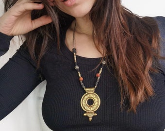 Tuareg cross pendant on a bead necklace - Multi charm African necklace - Berber golden pendant with wood beads
