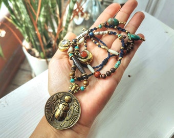 Egyptian scarab necklace - Stone mala necklace with scarab beetle amulet pendant - Long charm bead necklace