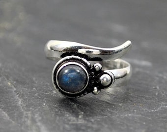 Bague en argent avec pierres précieuses - Bague tendance réglable en turquoise, pierre de lune et améthyste - Bijoux Boho vintage