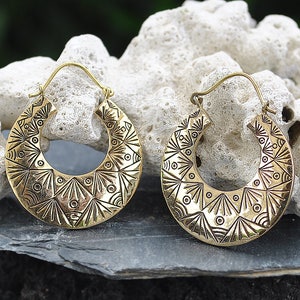 Ethnic hoop earrings - Brass earrings with carved design - Handmade lightweight earrings