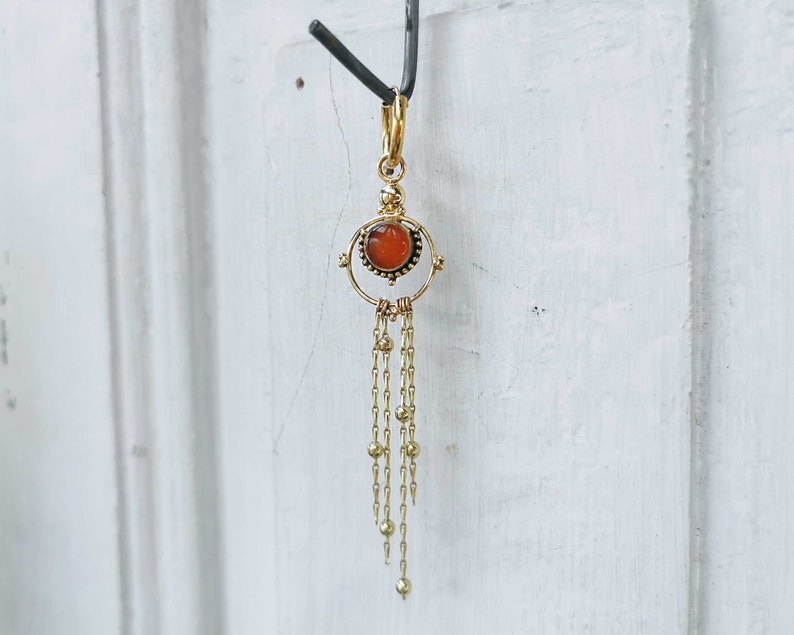 Fringe hoop earrings with pearls Gemstone earrings with gold cascade chain Long tassel chain earrings image 5