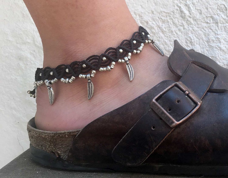 ANKLET Silver pendant, Macrame anklet, Foot ankle , Ankle strap, Tribal anklet, Jungle beach bracelet, Black Green anklet, Anklet bracelet image 2