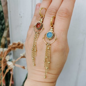 Fringe hoop earrings with pearls Gemstone earrings with gold cascade chain Long tassel chain earrings image 2