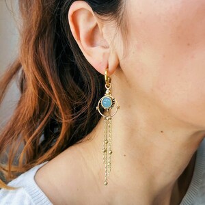 Fringe hoop earrings with pearls Gemstone earrings with gold cascade chain Long tassel chain earrings image 9