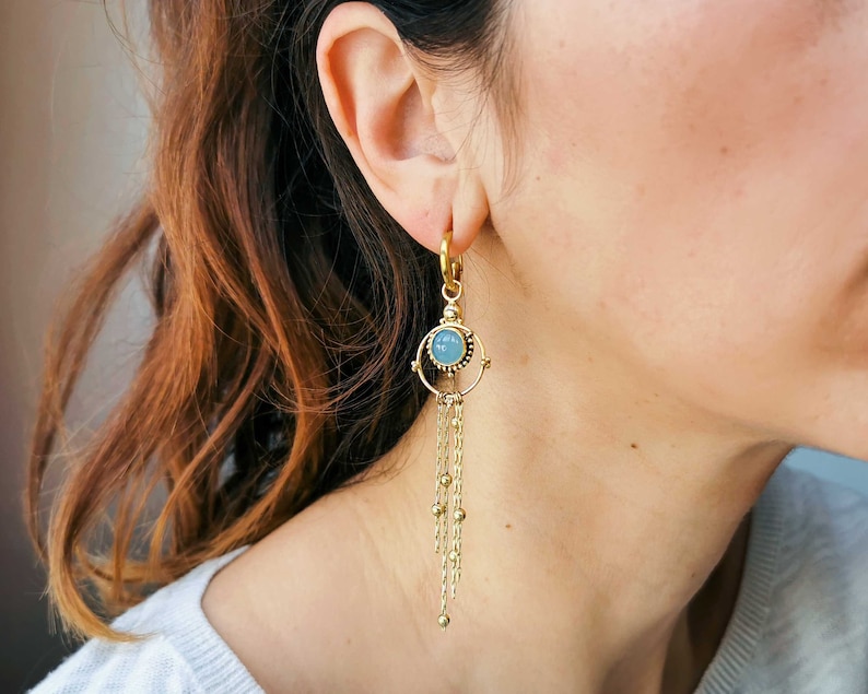 Fringe hoop earrings with pearls Gemstone earrings with gold cascade chain Long tassel chain earrings image 9