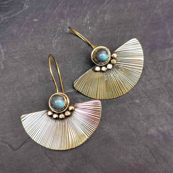 African fan earrings - Dangle earrings with round turquoise stone - Half moon earrings with lapis lazuli