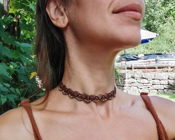 Macrame Choker Necklace Tight Necklace Made of Thread and Brass