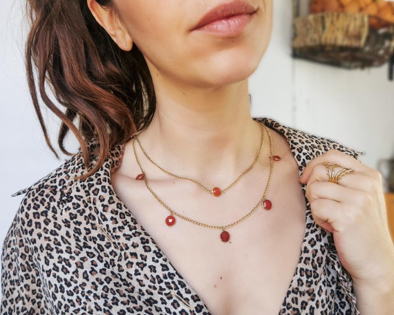 Gold Layered Necklace: Carnelian, Onyx & Smoky Quartz Charm Chain