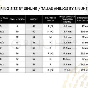 May include: A chart showing ring sizes in US, Spain, Europe, UK, and inside diameter and circumference measurements in millimeters.